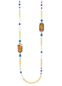 Collana Lunga Cuore E Quadrifoglio Blu E Cristalli