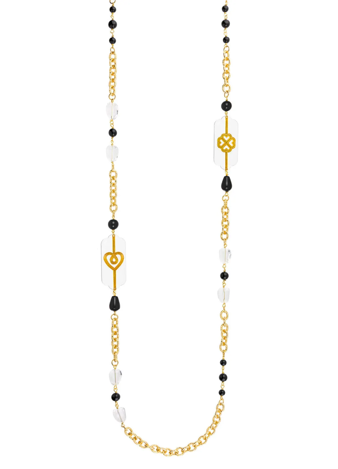 Collana Lunga Pois Cuore E Quadrifoglio Plexi Trasparente Nero
