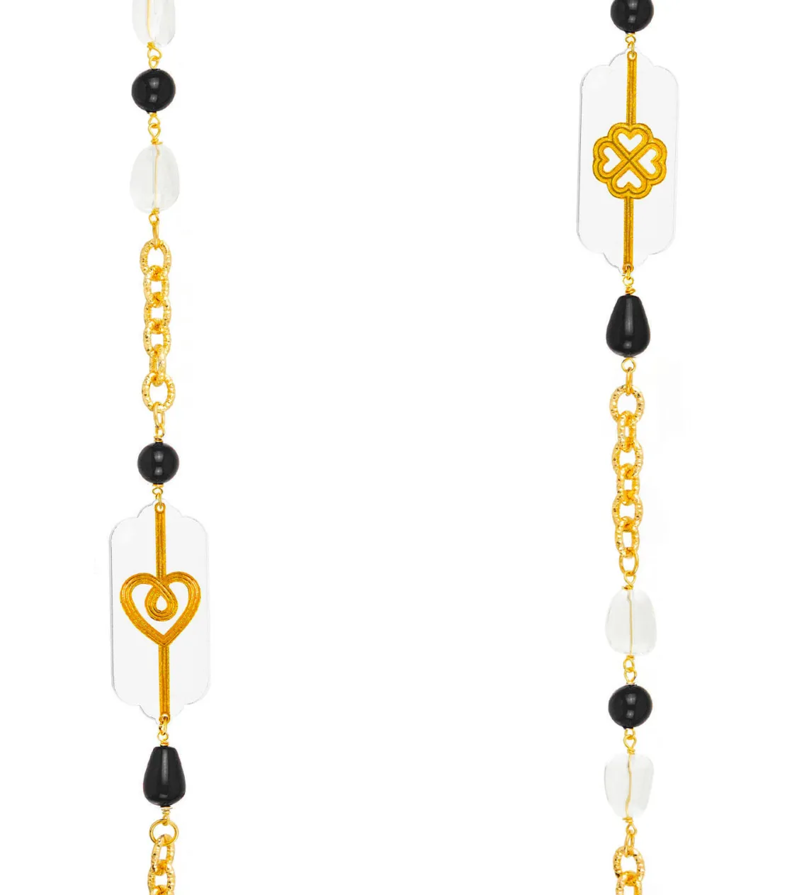 Collana Lunga Pois Cuore E Quadrifoglio Plexi Trasparente Nero