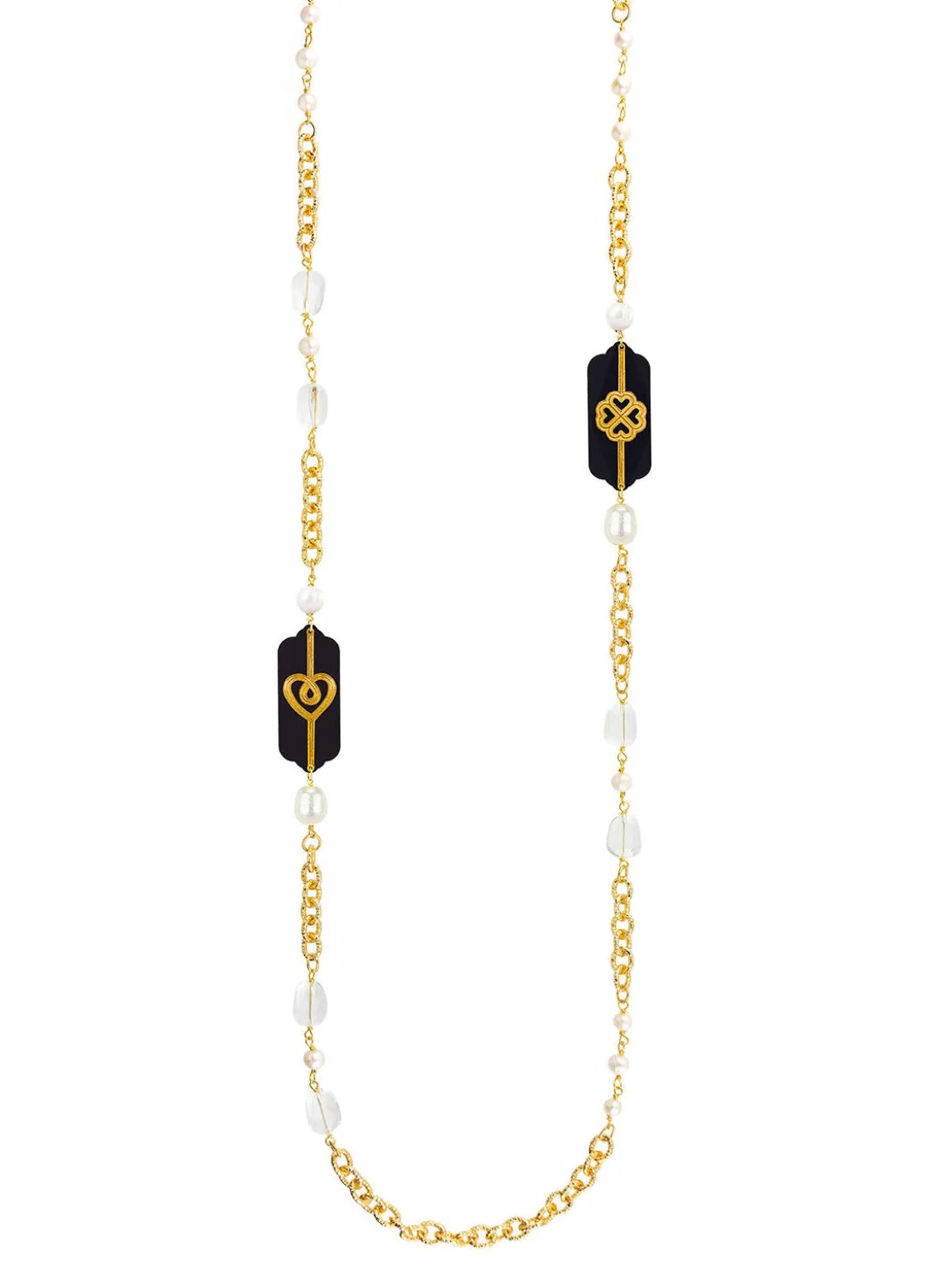 Collana Lunga Pois Cuore E Quadrifoglio Plexi Nero Perla
