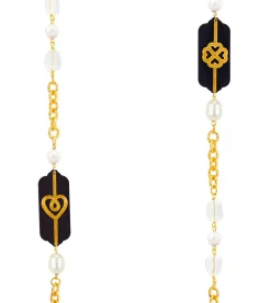 Collana Lunga Pois Cuore E Quadrifoglio Plexi Nero Perla