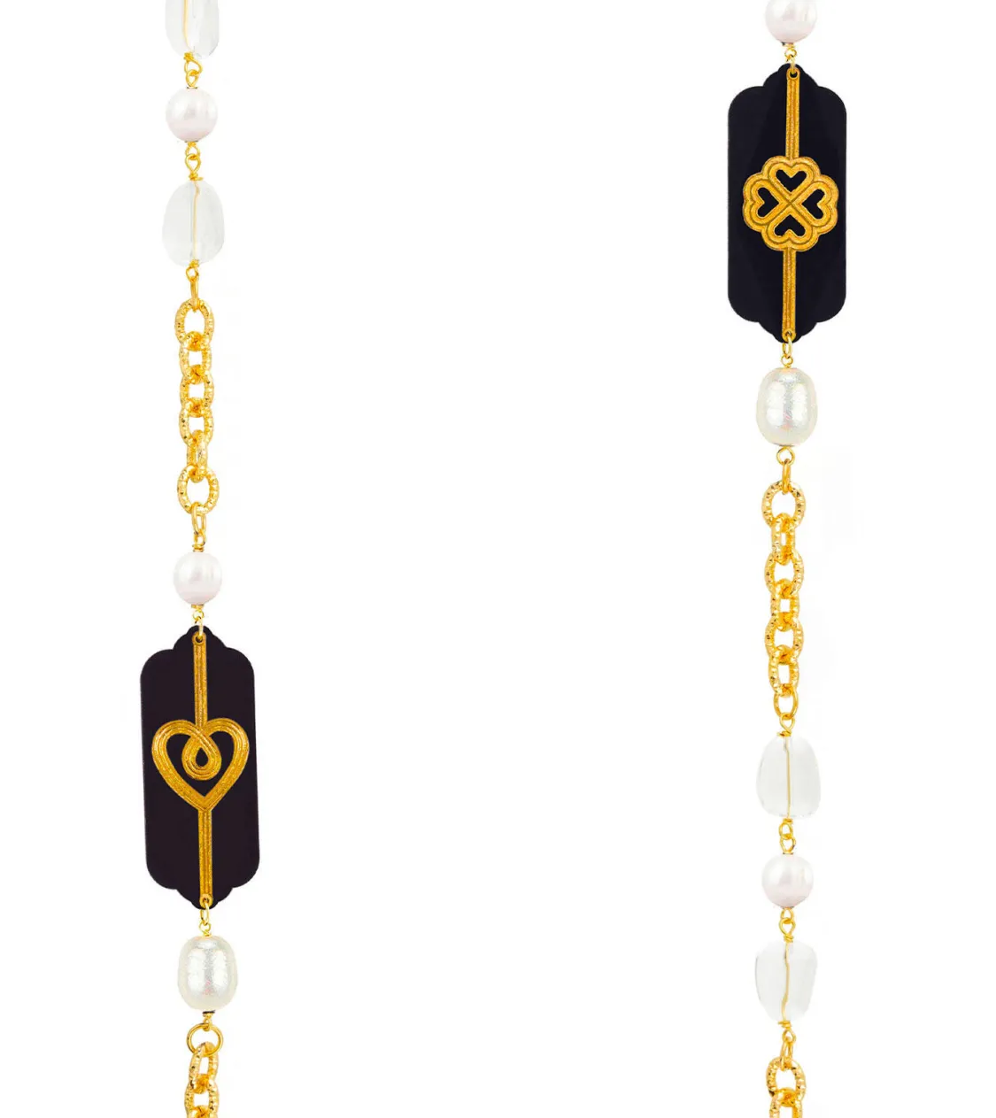 Collana Lunga Pois Cuore E Quadrifoglio Plexi Nero Perla