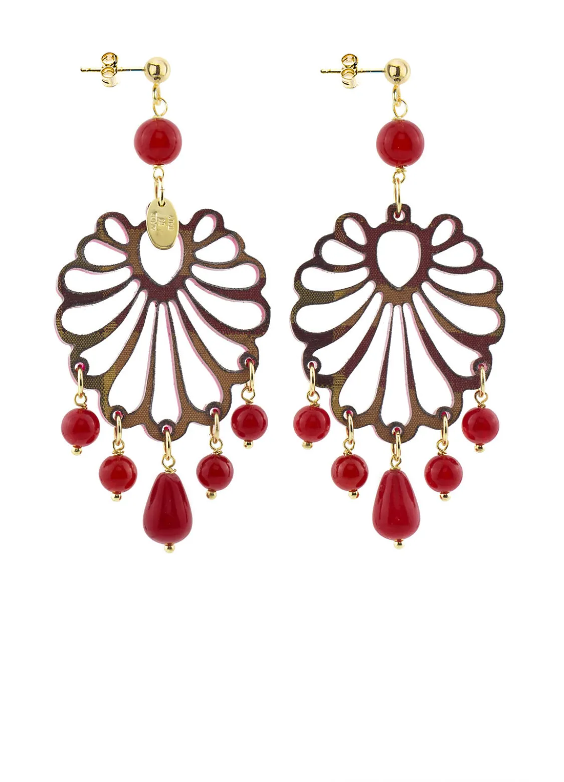 Orecchini Chandelier Conchiglia Plexi Rubino