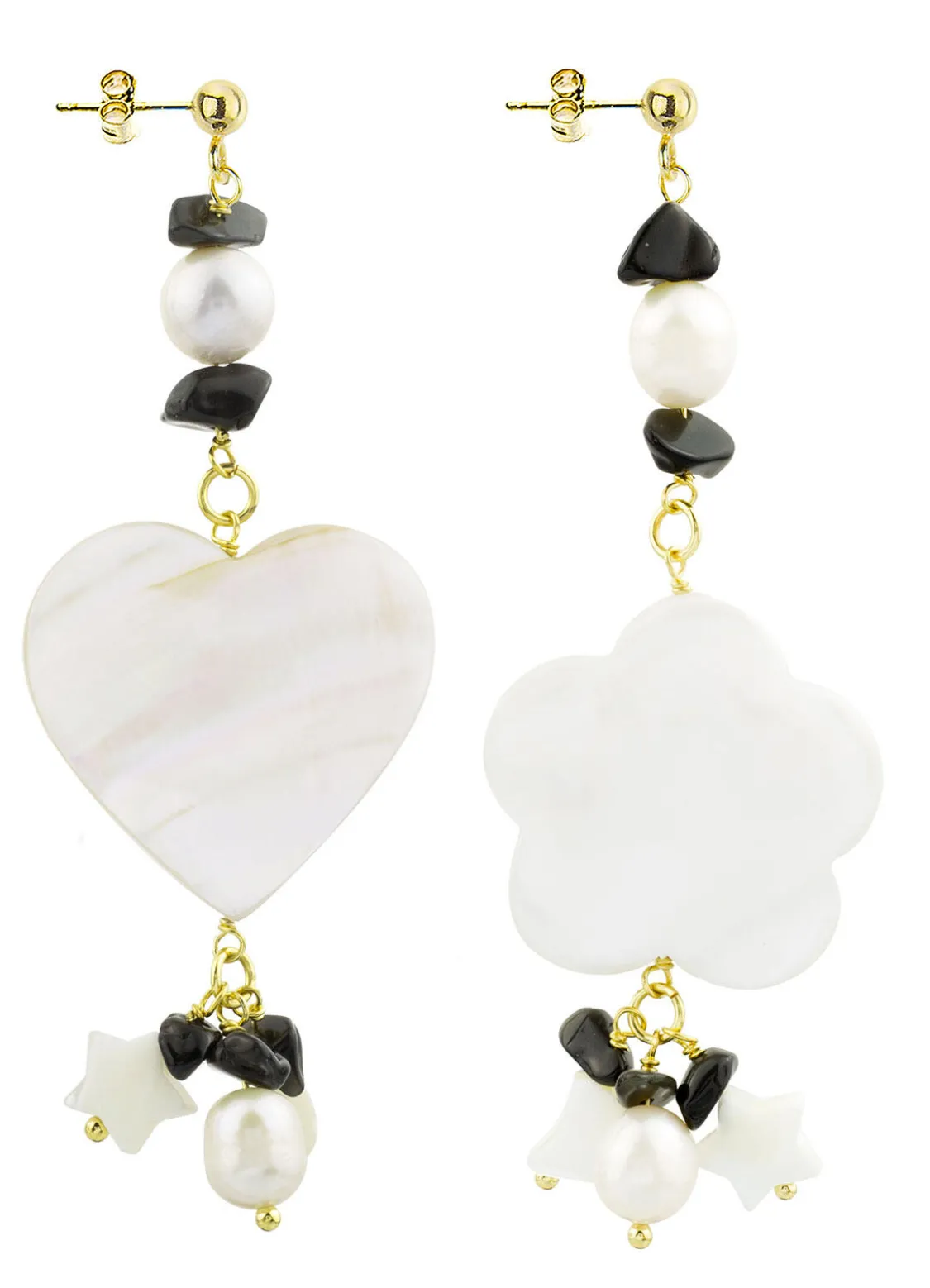 Orecchini Cuore E Fiore Madreperla Piccolo Nero
