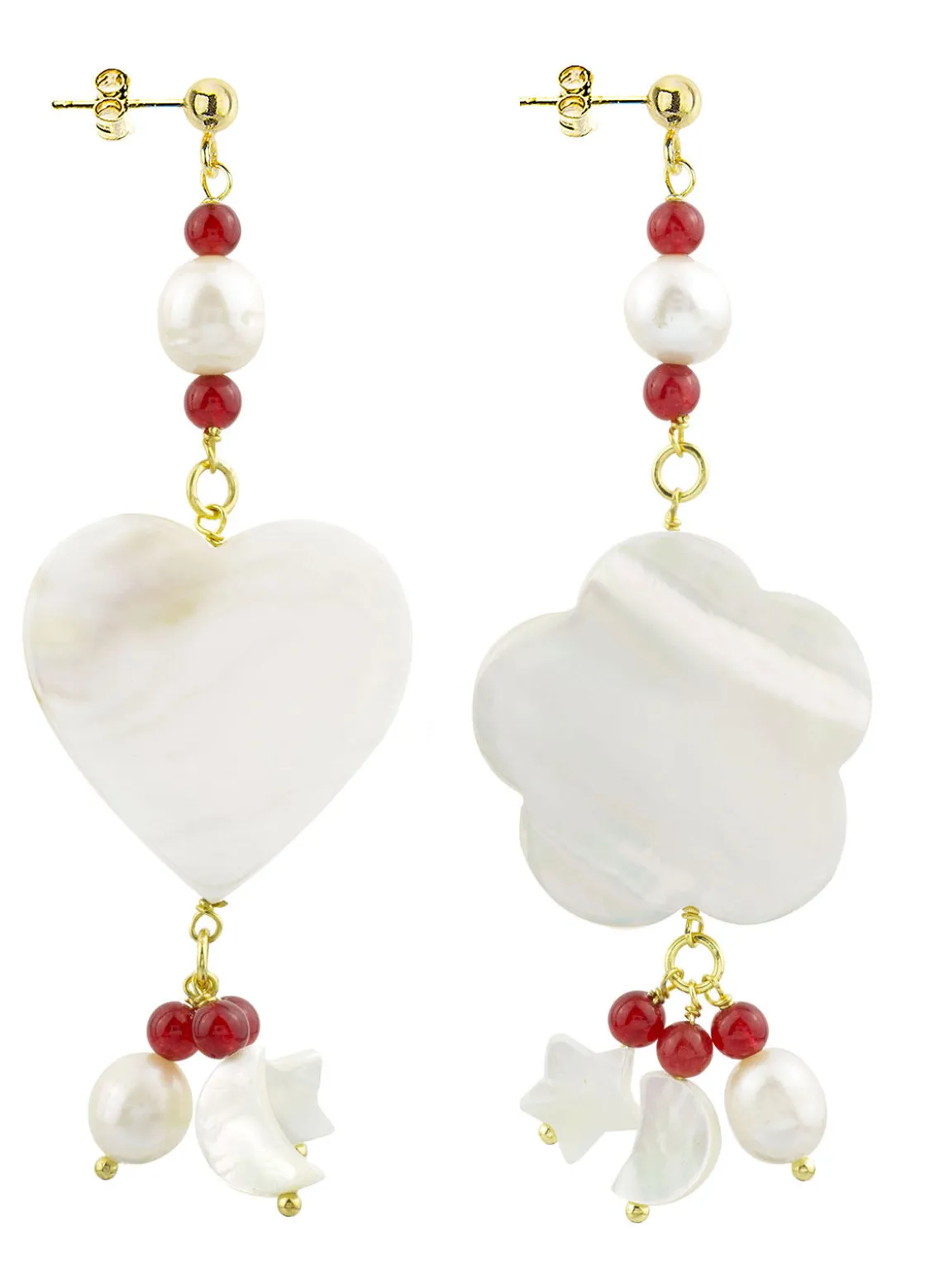 Orecchini Cuore E Fiore Madreperla Piccolo Rubino
