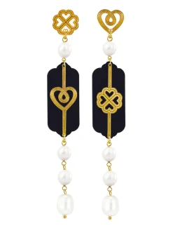 Orecchini Cuore E Quadrifoglio Plexi Nero Mini Lungo Perla