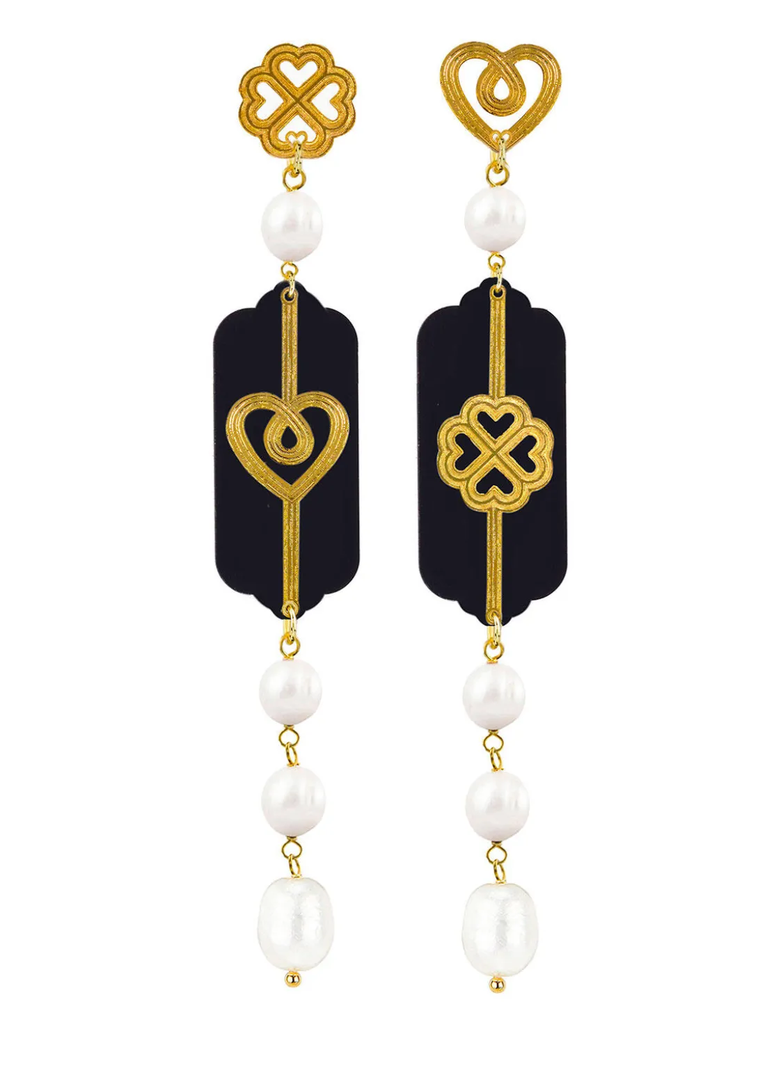 Orecchini Cuore E Quadrifoglio Plexi Nero Mini Lungo Perla