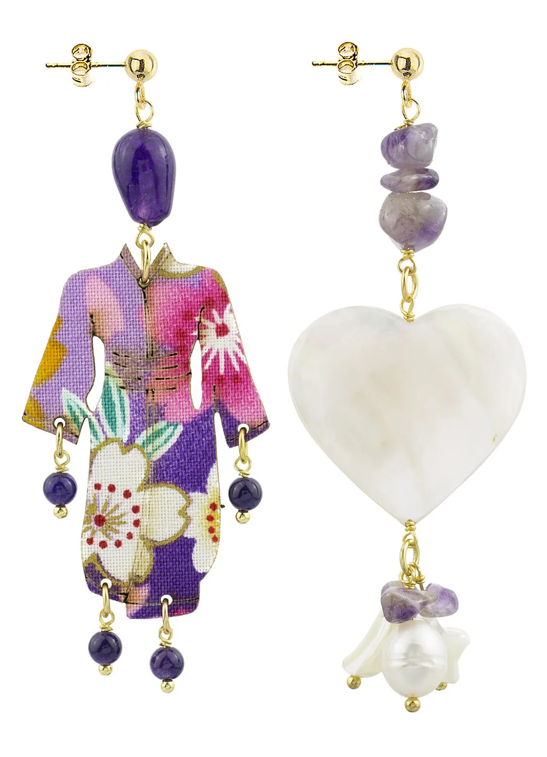 Orecchini Kimono E Cuore Madreperla Piccolo Viola