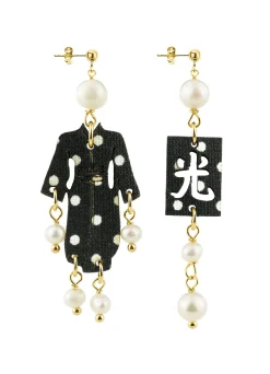 Orecchini Kimono Mini Pois Nero Perla