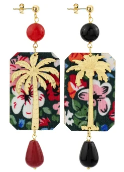 Orecchini Palma Fiori Nero E Rubino