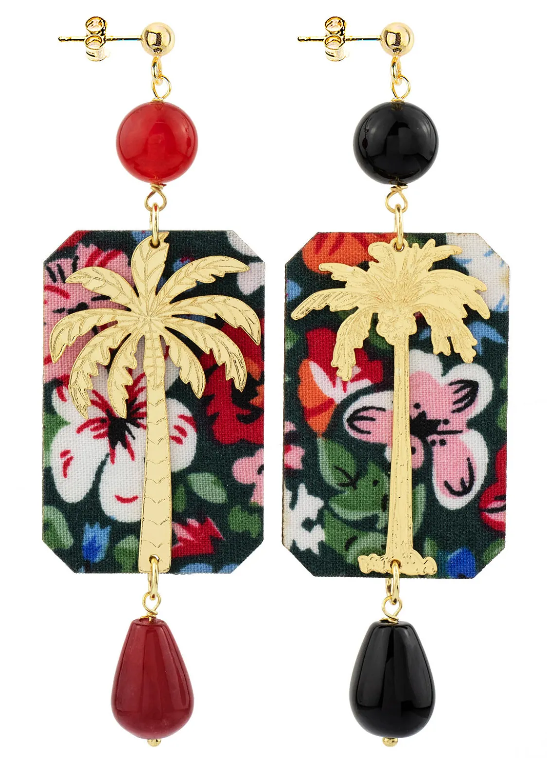 Orecchini Palma Fiori Nero E Rubino