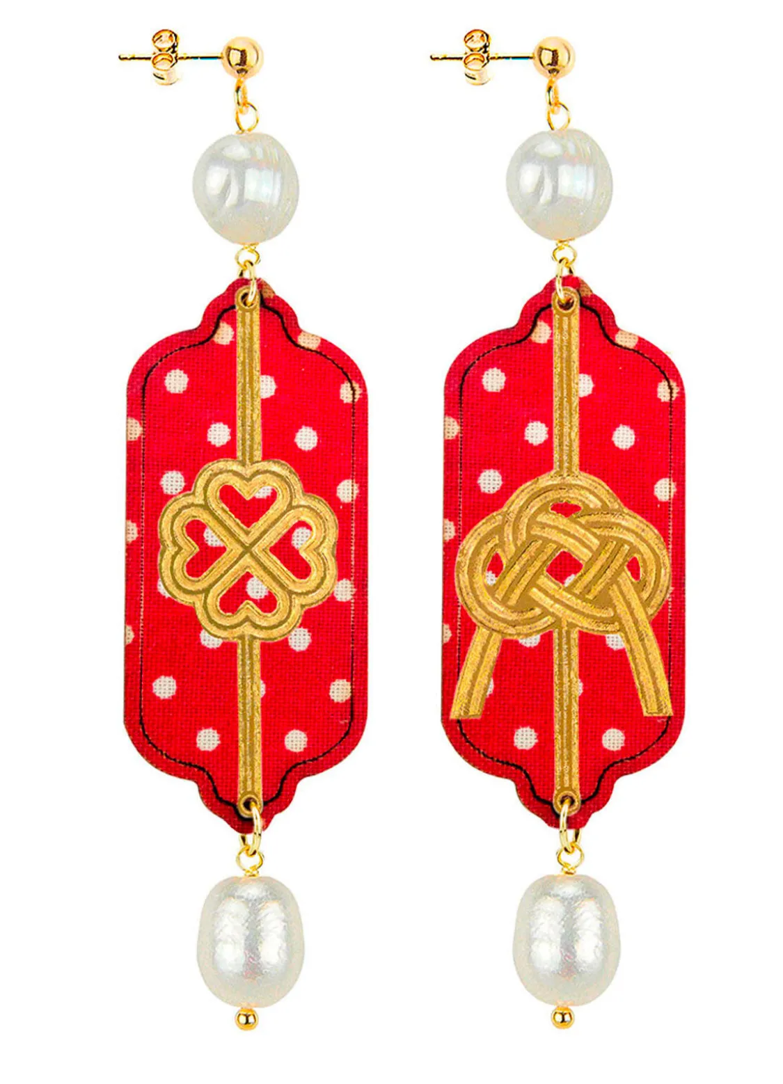 Orecchini Pois Rosso Quadrifoglio E Nodo Perla
