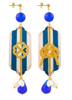 Orecchini Righe Quadrifoglio E Nodo Blu