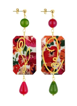 Orecchini Viso E Fiore Fiori Rubino E Verde Oliva