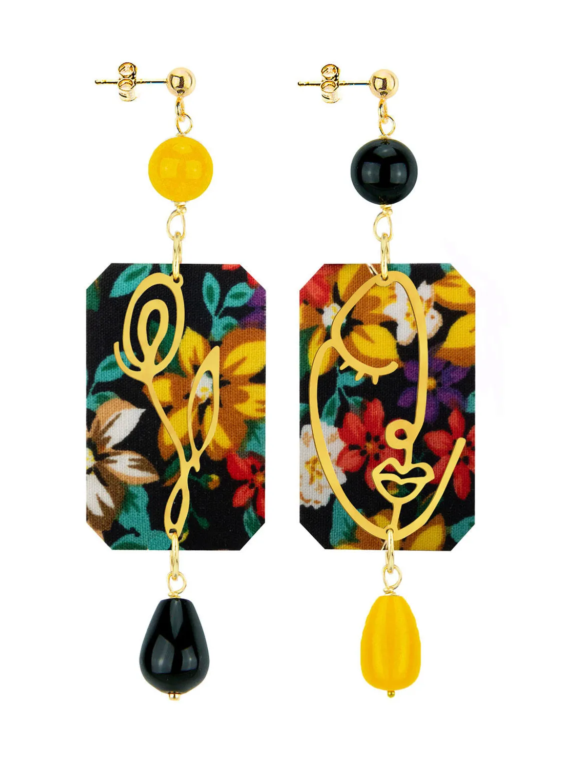 Orecchini Viso E Fiore Fiori Nero E Giallo