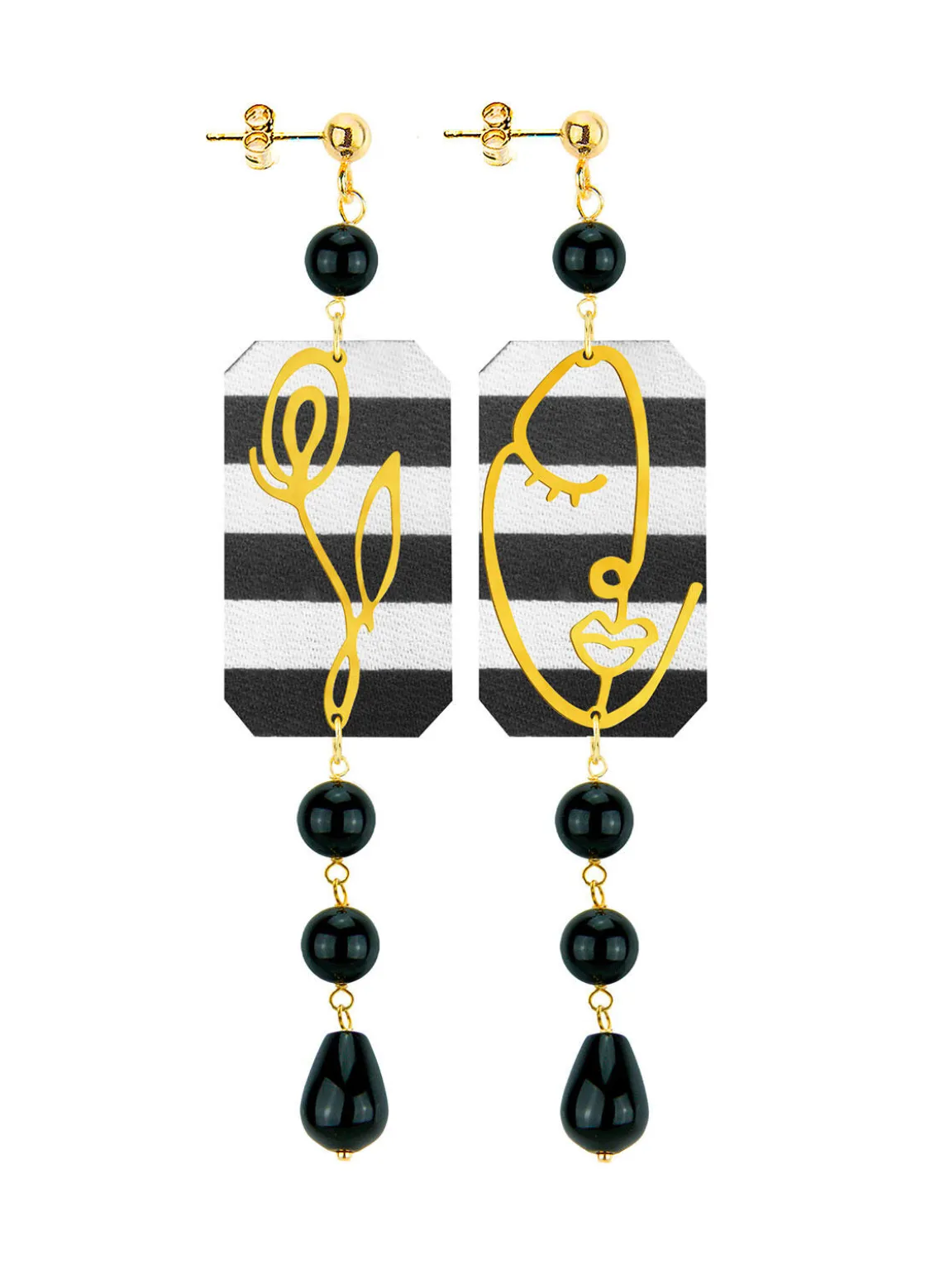 Orecchini Viso E Fiore Mini Lungo Righe Nero