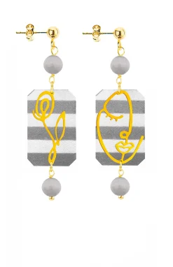 Orecchini Viso E Fiore Mini Righe Grigio