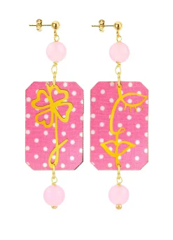 Orecchini Viso E Quadrifoglio Pois Rosa Fluo