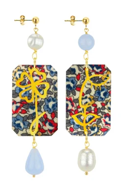 Orecchini Viso E Quadrifoglio Fiori Perla E Celeste