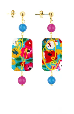 Orecchini Viso E Quadrifoglio Fiori Mini Azzurro E Fucsia
