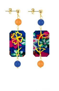 Orecchini Viso E Quadrifoglio Fiori Mini Blu E Arancione
