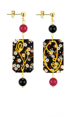 Orecchini Viso E Quadrifoglio Fiori Mini Rubino E Nero